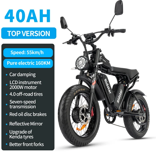 idstar - Bicicleta eléctrica para adultos, 1000/2000W, 30/34MPH, 48V-52V,  20AH, batería de 40AH, motocicleta eléctrica máxima de 50-180 millas